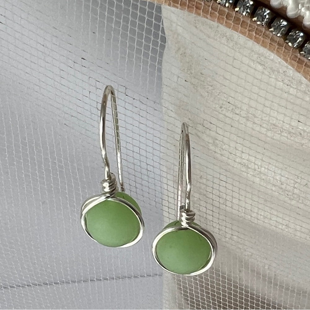 Green Sea Glass Minimalist Wire Wrapped Earrings - Picture 6 of 12